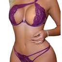 GORGLITTER Women's Floral Lace Lingerie Set 2 Piece One Shoulder Strappy Bra and G-String Thong Sets Purple Medium