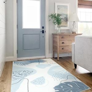 Seavish 3'x5' Small Blue Living Room Rug, Soft Kids Boho Nursery Rugs, Modern Abstract Distressed Leaf Faux Wool Carpet Rug for Playroom Bedroom Entry Office Dining Room Entryway