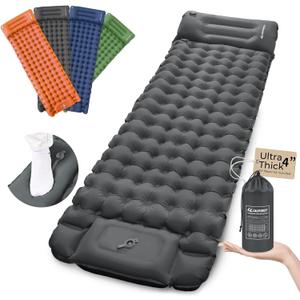 Sleeping Pad for Camping, 4in Thickness Inflatable Sleeping Mat with Adjustable Pillow & Built-in Foot Pump,Lightweight Camping Air Mattress with Waterproof Nylon for Hiking (Grey, Single) (Twin)