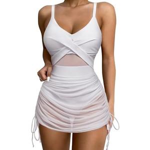SUUKSESS Women One Piece Swim Dress Tummy Control Swimsuit Mesh Bathing Suit M, White