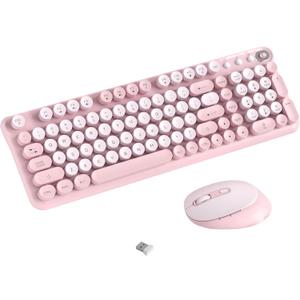 Wireless Keyboard and Mouse Combo, 2.4GHz USB Receiver, Plug and Play, Retro Full Size Typewriter Keyboard and Wireless Mouse for Computer, Laptop, Windows, Mac, and PC (Pink)