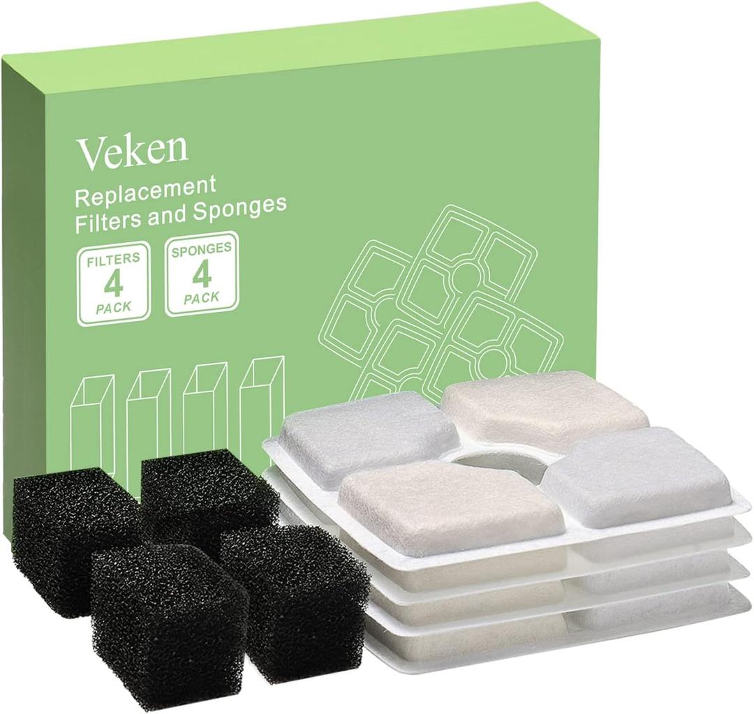 Veken 4 Pack Replacement Filters & 4 Pack Replacement Pre-filter Sponges for Automatic Pet Fountain Cat Water Fountain Dog Water Dispenser (6 Piece Set)
