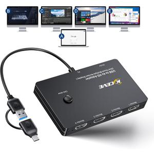 KCEVE USB to 4 HDMI Adapter, Multi-Monitor Display 5 Separate Screens, Support Mirror/Extend Mode Compatible with Windows, M1/M2 Mac OS, with Black Screen Function