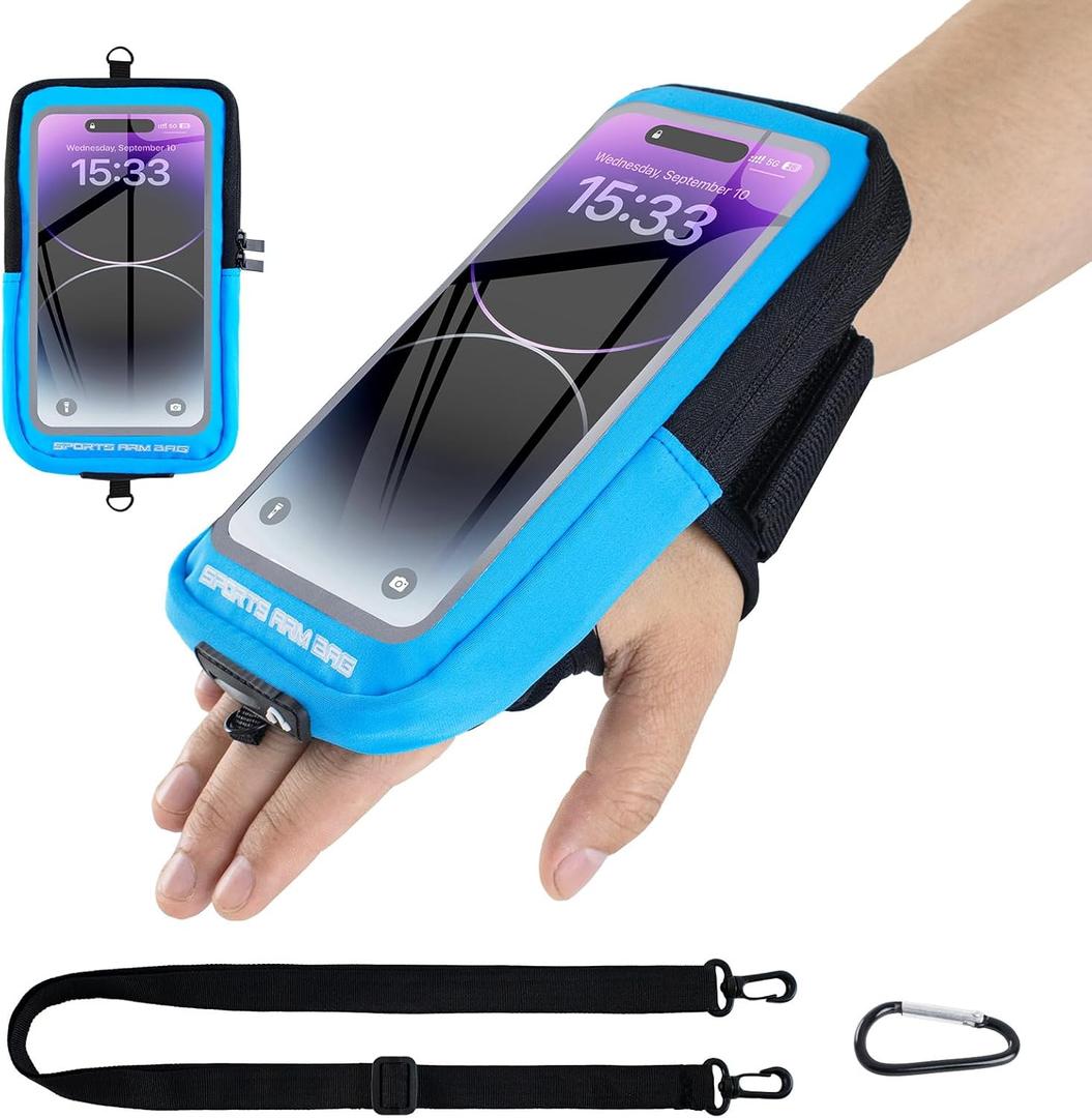 Phone Holder for Running, Running Armband Phone Holder with Carabiner, Phone Armbands for iPhone 17 16 15 14 13 12 11Pro Max & Galaxy S25/S24/S23, Cell Phone Armband Up to 6.8'' Phone (Blue)