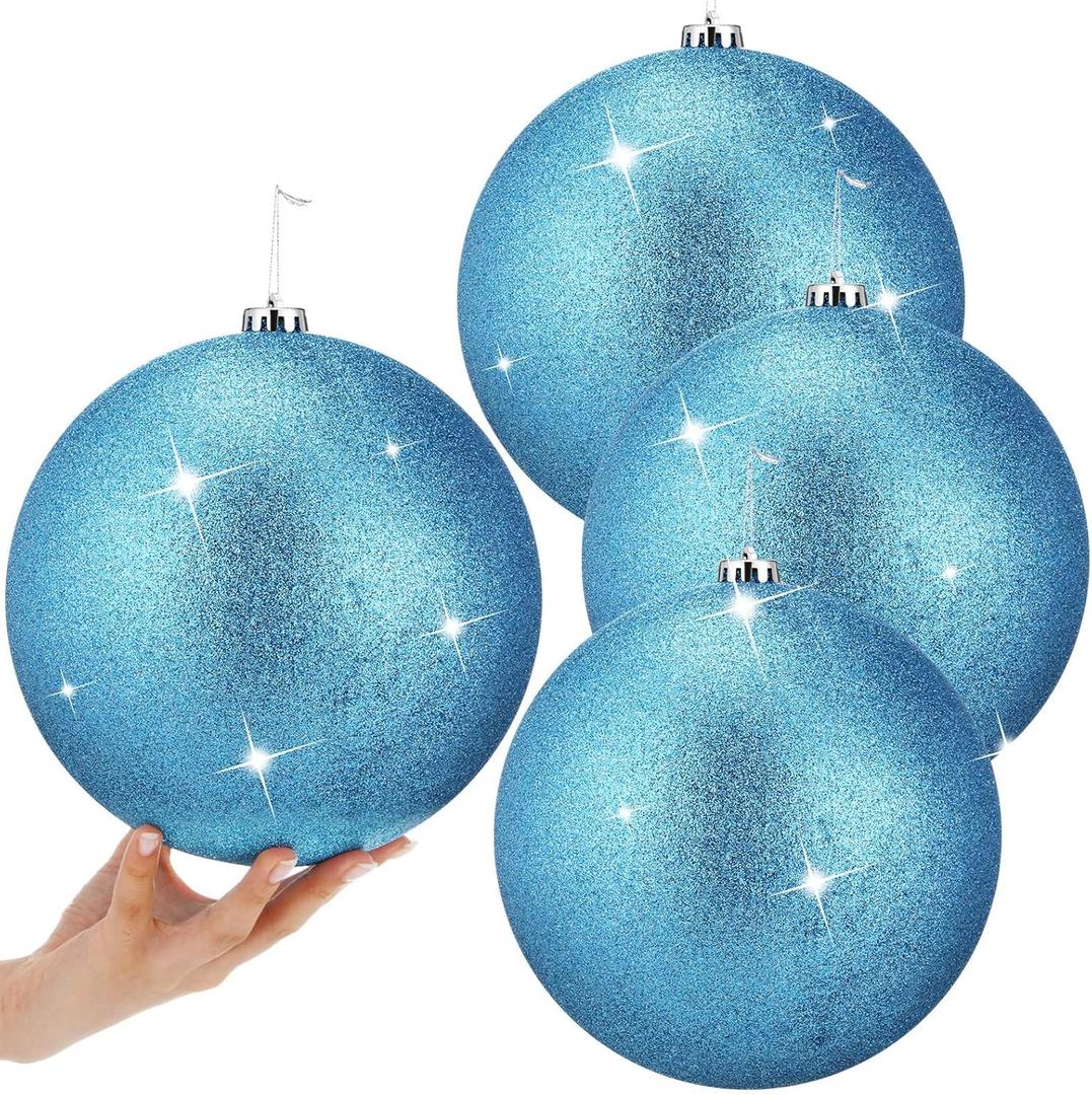 Zubebe 4 Pcs Extra Large Christmas Ball Ornaments Glitter 8'' (200 Mm) Giant Oversized Plastic Xmas Ball Big Hanging Christmas Tree Ornaments for Holiday Party Outdoor Decor(Glitter Light Blue)