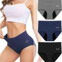 Rdiner Heavy Flow High Absorbency Period Underwear Women, Leakproof Panties Postpartum Menstrual Hipster Briefs Teens 3 Pack (Large, Black+blue+grey)