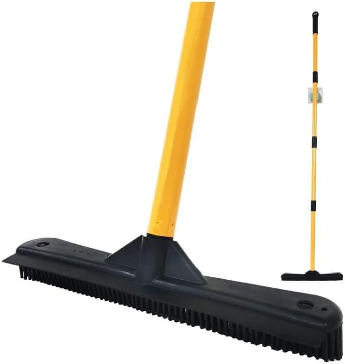 Push Broom,Pet Hair Removal Broom with Squeegee,Soft Silicone Bristle Broom with Long Handle,Non Scratch Carpet Sweeper Brush for Cat Dog Hair Hardwood(Orange) Extra Long for Tall People
