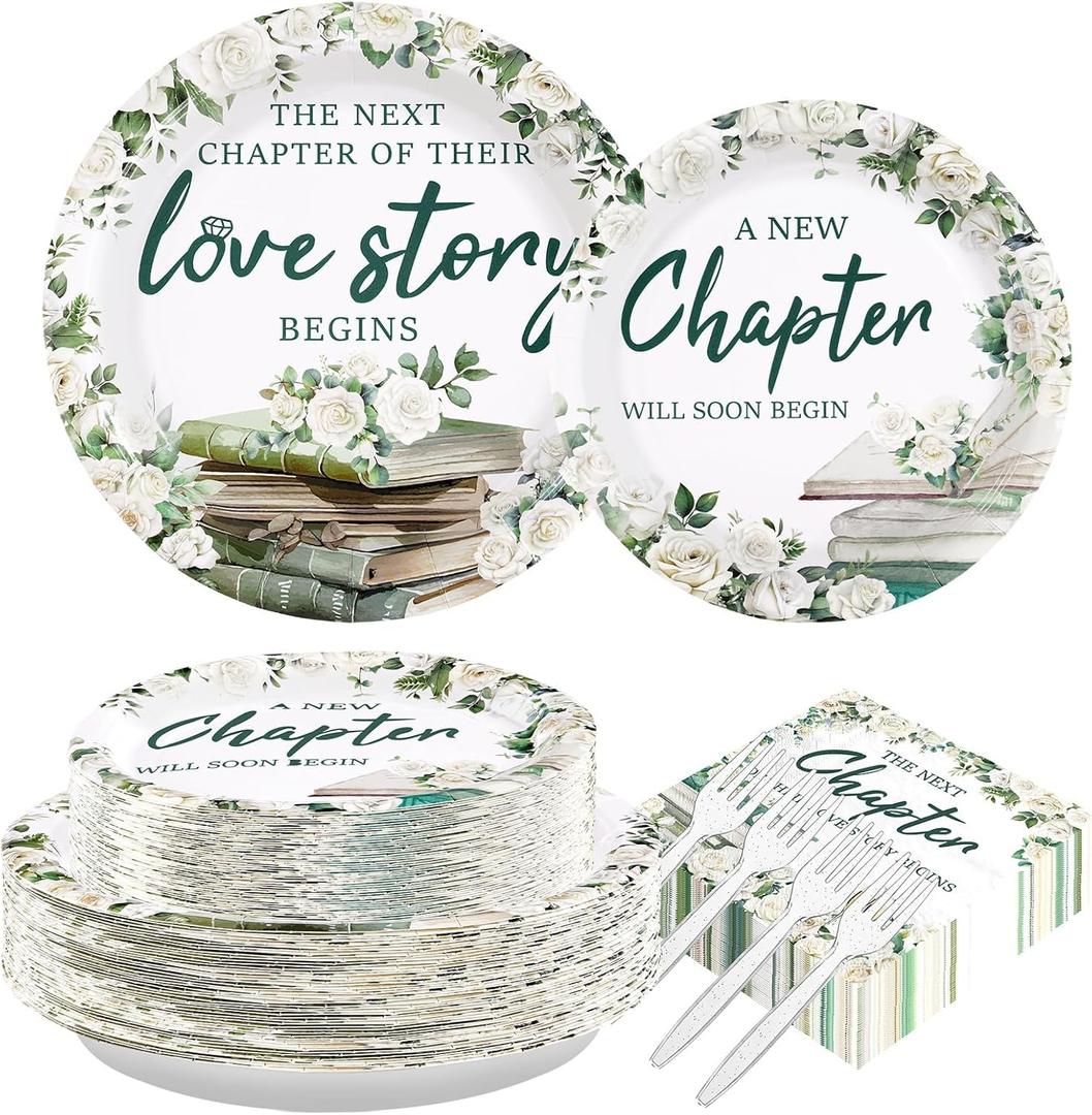 200 Pcs Bridal Shower Decoration Wedding Shower Decorations Book Themed Bridal Shower Plates and Napkins Tableware Set for Girls Engagement Party Decorations Wedding Supplies Serves 24