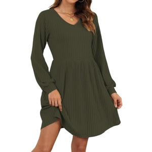AUSELILY Womens Fall Dress 2025 Long Sleeve V Neck Short Dress Lightweight Casual Knit Sweater Dresses with Pockets (Green, L)