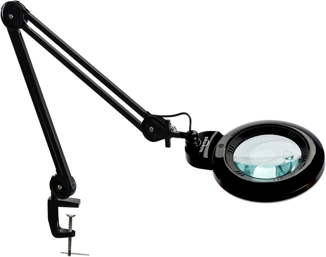 Bifocals Magnifying Desk Lamp with Clamp, 5 Diopter with 20 Diopter, 6 Inch Detachable Lens and 120PCS LEDs, 3 Color Modes 1200 Lumens Swivel Arm Magnifying Lamp with Light for Crafts (Black)