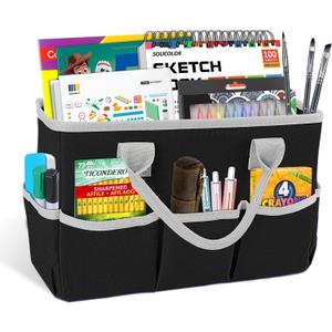 Desktop Tote and Stock Organizer, Teacher Helper Tote Bag Organization for Arts, Books, Stationery, Office Desk Organizer, Make-up Storage Tote with Handles for Travel, Black-Gray