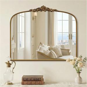 Vintage Gold Arched Wall Mirror 36"x30" Ornate Baroque Style Antique Brass Frame, Decorative Large Mirror for Entryway, Living Room, Fireplace, Hallway, Bathroom