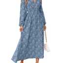 Simplee Womens Boho Floral Long Sleeve Maxi Dress V Neck Empire Waist Fall Wedding Guest Dresses with Pockets Dusty Blue S