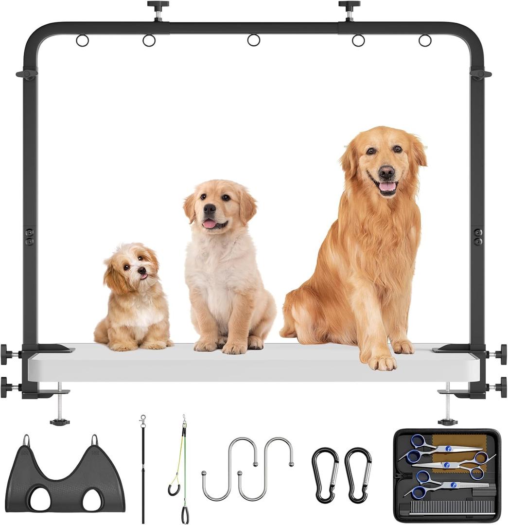 Dog Grooming Table Arm - Adjustable Height & Width, Heavy Duty Dog Grooming Station with 4-Piece Scissors Comb Set, Includes Adjustable Hammock & 2 No-Sit Haunch Holders for Dogs & Cats