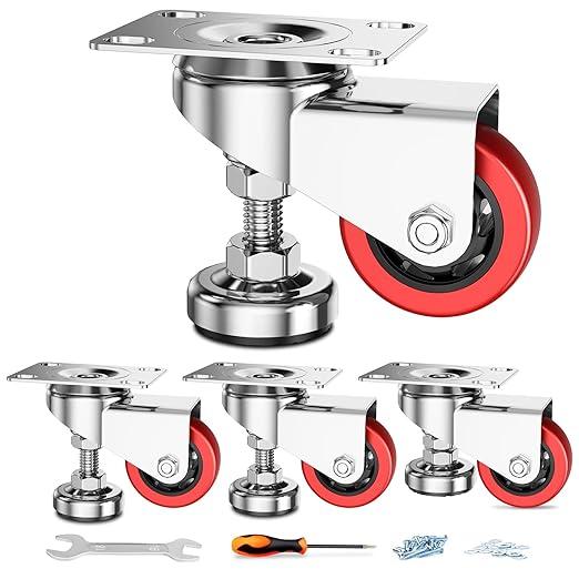 3" Leveling Plate Caster Wheels with Adjustable Anti-Vibration Leveling Foot Pad Heavy Duty Swivel casters for Workbench, Machine Equipment, Furniture Red Set of 4 Total Capacity 1800 Lbs