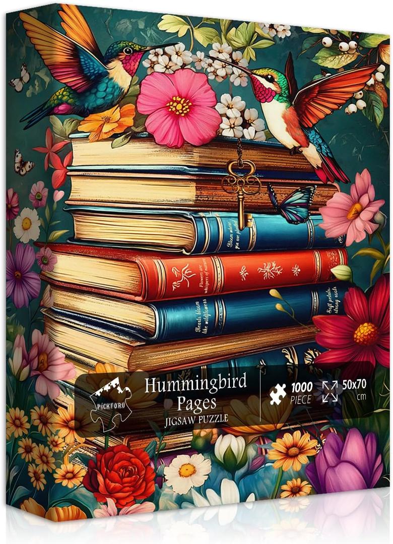PICKFORU Wildflower Pages Jigsaw Puzzle for Adults, Hummingbird Vintage Book Puzzles, Retro Plant Flower Puzzle 1000 Pieces