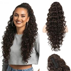 Ponytail Extension, HOOJIH Clip in Ponytail 24 Inch Hair Extension Curly Wavy Ponytail Fluffy Soft Synthetic Fiber Hair Pieces for Women - Dark Chocolate Brown
