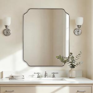 ANDY STAR 28x36 Inch Brushed Nickel Mirror, Silver Bathroom Mirror for Over Sink, Rounded Notched Corner Mirror in Anti-Rust Stainless Steel Thin Frame, Wall Mount Vertically or Horizontally
