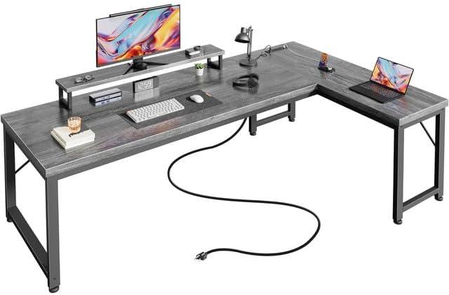 PRAISUN 53" L Shaped Computer Desk, Power Outlets, Monitor Stand, Grey