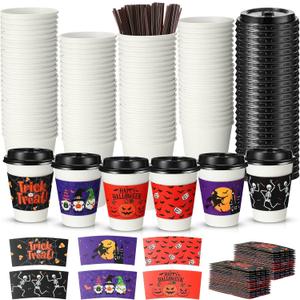 Meanplan 60 Set Halloween Disposable Coffee Cups with Lids Stir Straws and Sleeves 12 oz Coffee Paper Cups Halloween Party Supplies for Tea Juice Hot Chocolate Cafe Shops (Pumpkin)