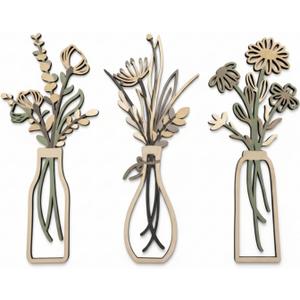 WONGSAI 3 Piece Wooden Flowers Wall Art Set, Rustic Farmhouse Decor for Bathroom Living Room Dining Room, Minimalist Design (Gold)