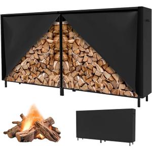 8Ft Firewood Rack Cover, Firewood Cover With Zipper & Adhesive Closing Strips, Heavy Duty Black 600d, Waterproof, Windproof, And Sun-Protective, Rack Not Included