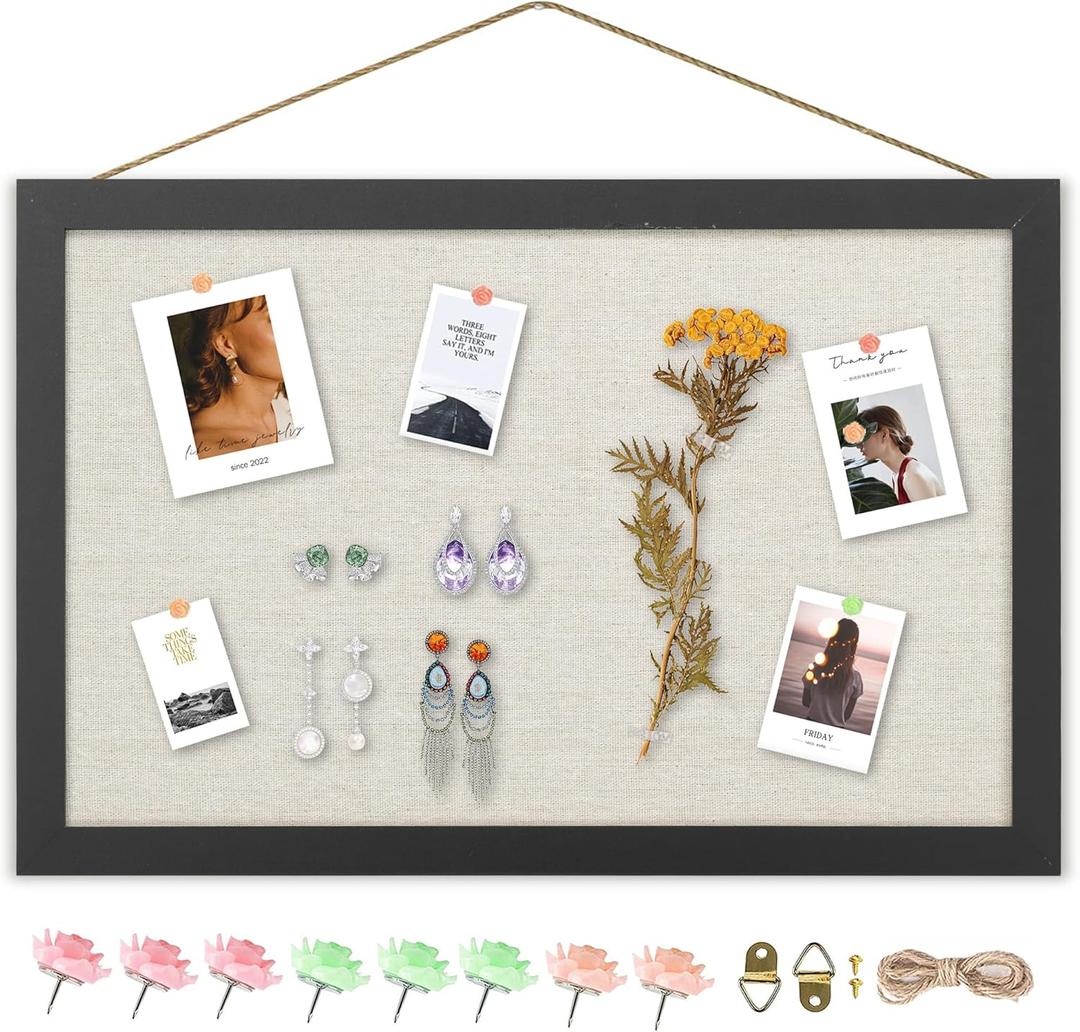 AKTOP Cork Board Bulletin Board with Linen 16.7" X 11", Small Framed Corkboard for Wall, Hanging Pin Board Picture Board for Home Office Decor, Cute Vision Board with 8 Pushpins (Classic Black)