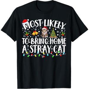Most Likely to Bring Home A Stray Cat Matching Christmas TShirt, L, Black
