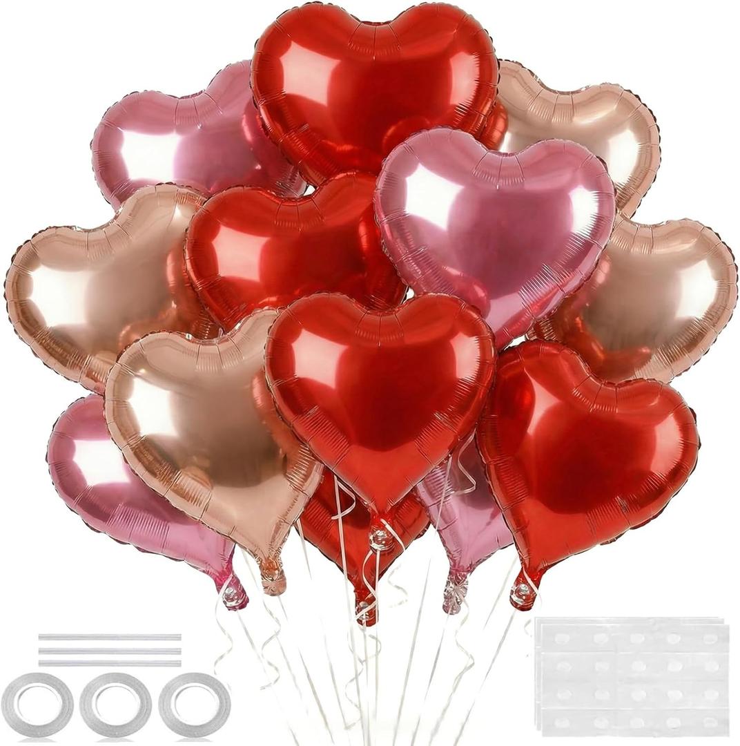 18 Inch Champagne & Pink & Red Heart Balloons, 24 Pcs Valentine's Day Foil Heart Shaped Balloons Decoration for Romantic Valentines Wedding Bridal Shower Engagement Valentine's Day Party