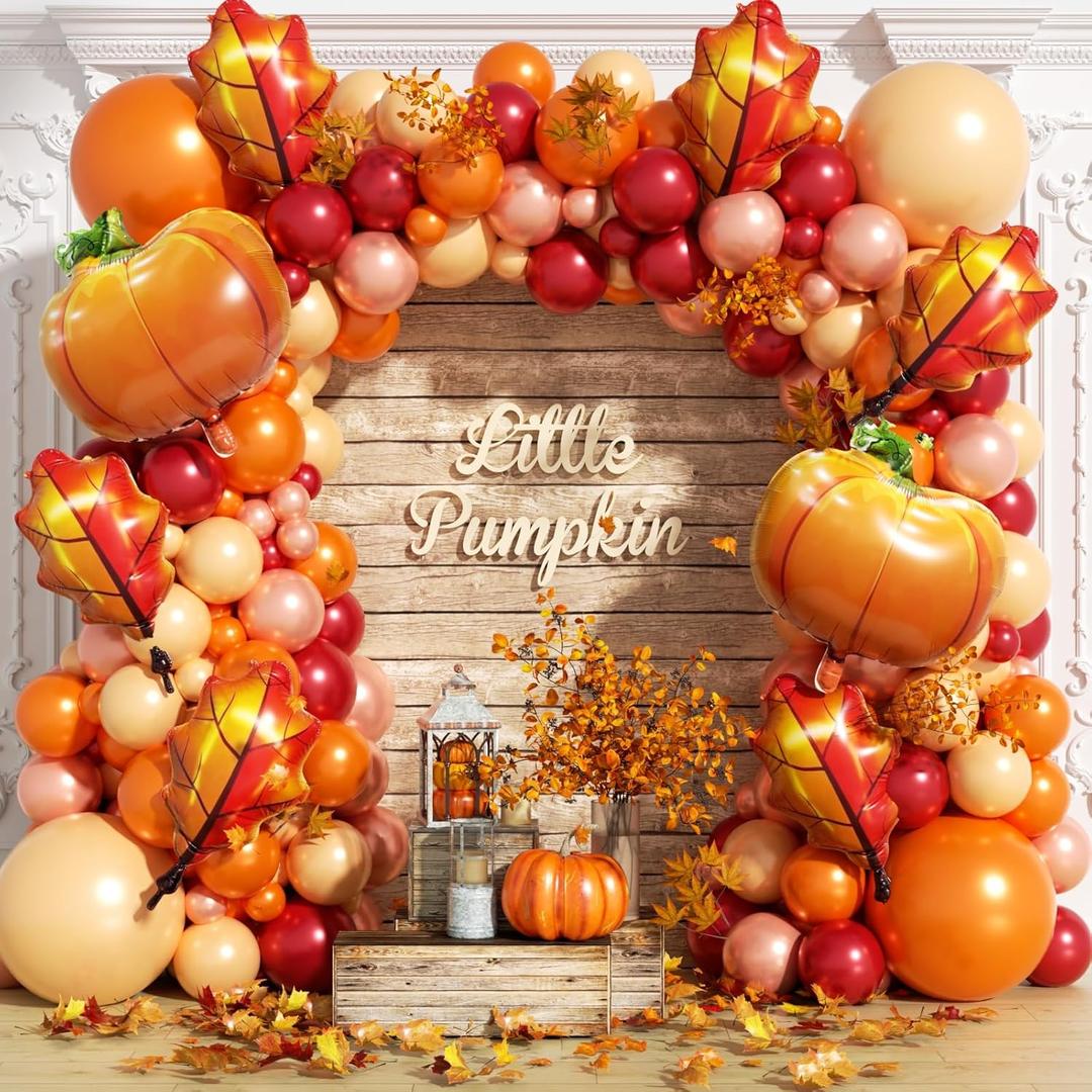 Fall Balloon Arch Garland Kit 172pcs with Leafs Pumpkins, Thanksgiving Balloons Arch Orange Nude Burgundy Rose Gold Balloons Different Sizes for Little Pumpkin Birthday Baby Shower Decoration
