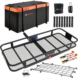 Hitch Mount Cargo Carrier Basket 60"*25"*6"+Waterproof Bag 25 Cubic Feet(60"*24"*31"),and Cargo Net with Attachment Hooks,Ratchet Straps,Hitch Stabilizer.500 Lbs Capacity,Foldable,fit 2" Receiver