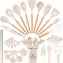 Astercook Kitchen Utensils set, 39 PCS Silicone Cooking Utensils Set with Wooden Handle, 446F Heat Resistant Food Grade Utensil Sets, BPA Free Kitchen Gadgets Tools Set for Nonstick Cookware (Cream)
