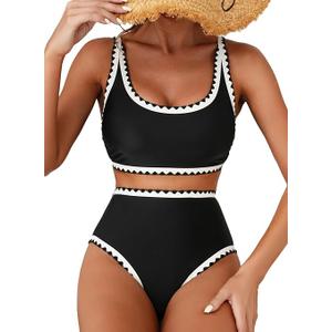 Herseas Women's Bikini Sets Floral Print Whip Stitch 2 Piece Swimsuits High Waisted Scoop Bathing Suits
M