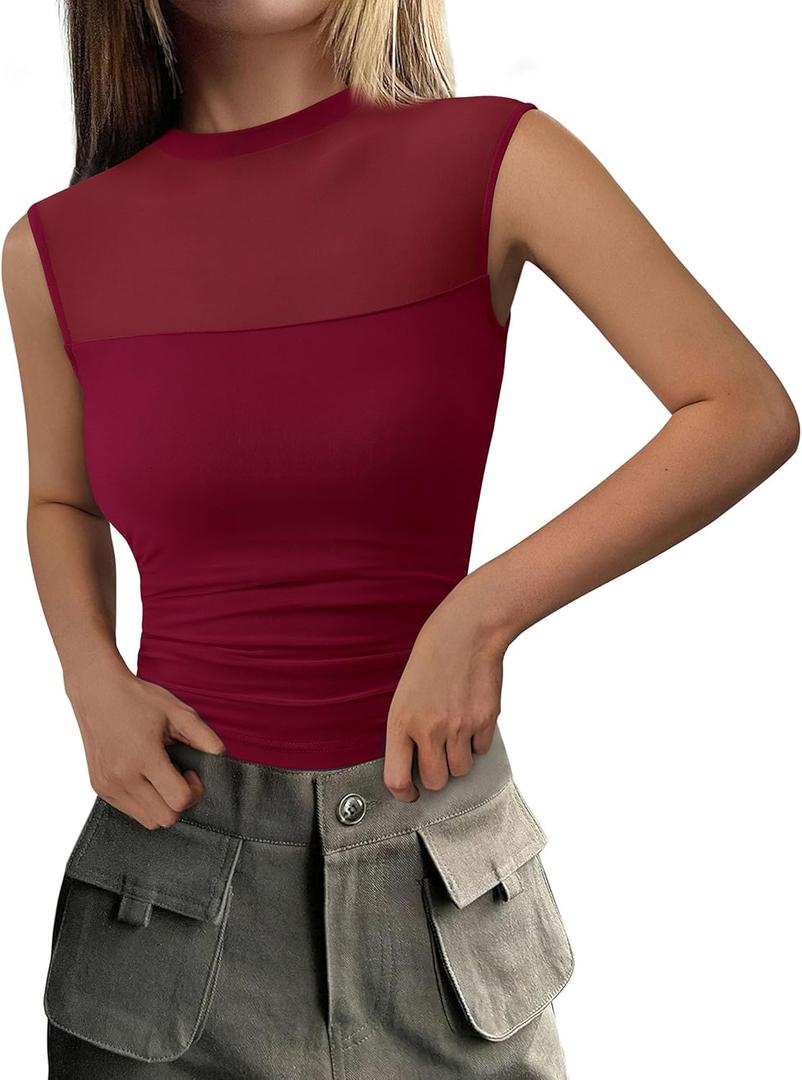 PRETTYGARDEN Women's Summer Sheer Mesh Tank Tops 2025 Trendy Casual Sleeveless Mock Neck Ruched Slim Fitted Going Out Shirts (S)