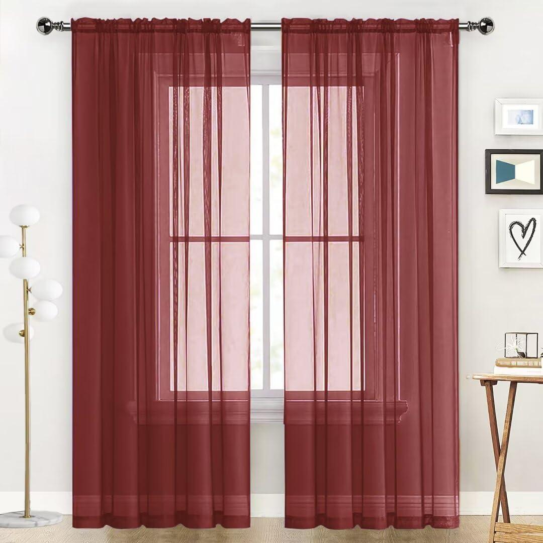 SpaceDresser Basic Rod Pocket Sheer Voile Window Curtain Panels Burgundy 1 Pair 2 Panels 52 Width 96 Inch Long for Kitchen Bedroom Children Living Room Yard(Burgundy,52 W x 96 L)