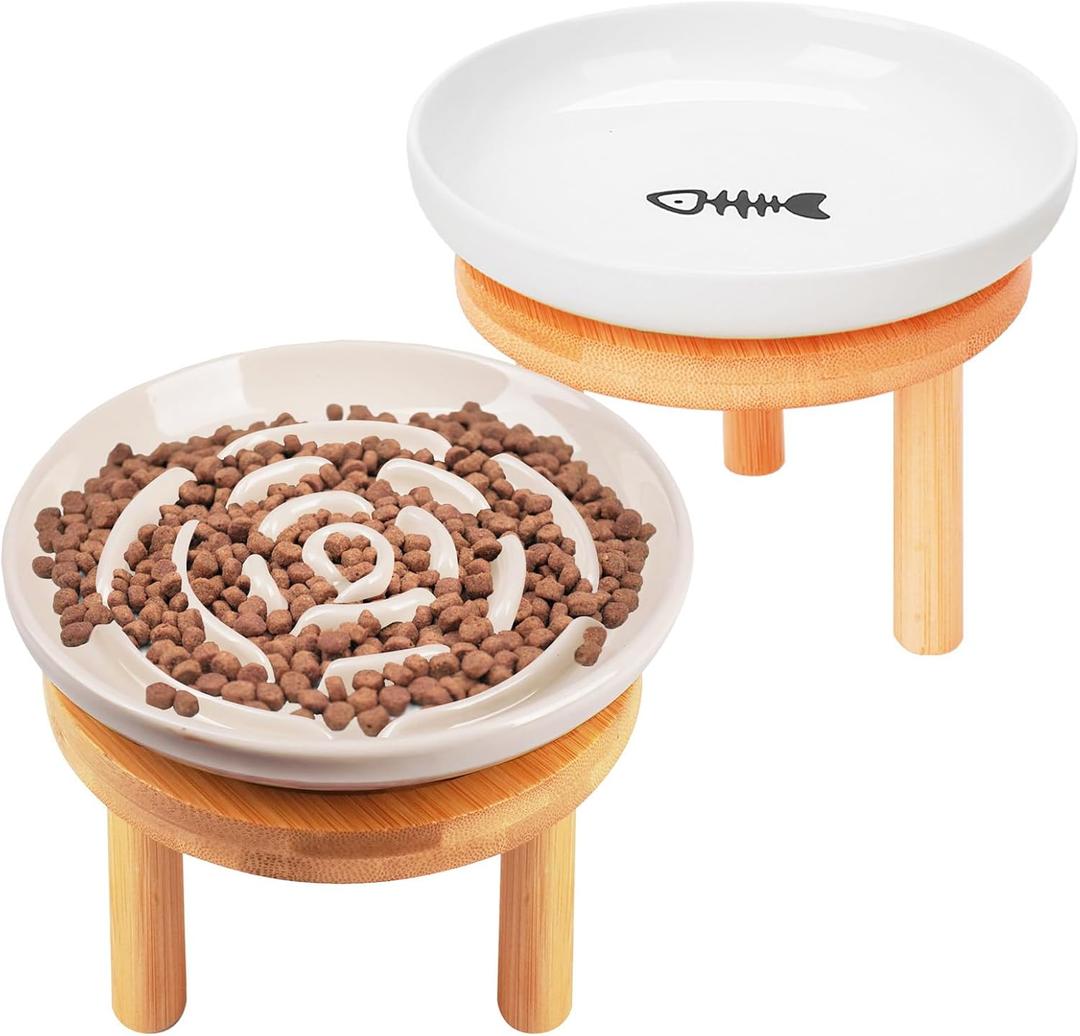 Shallow Elevated Cat Bowls with Bamboo Stand, 5.9 Inch Raised Slow Feeder Cat Bowl and Wide Ceramic Cats Bowls Whisker Friendly, 2 Pack Pet Dishes for Dry and Wet Food Dishwasher Safe (apricot white)