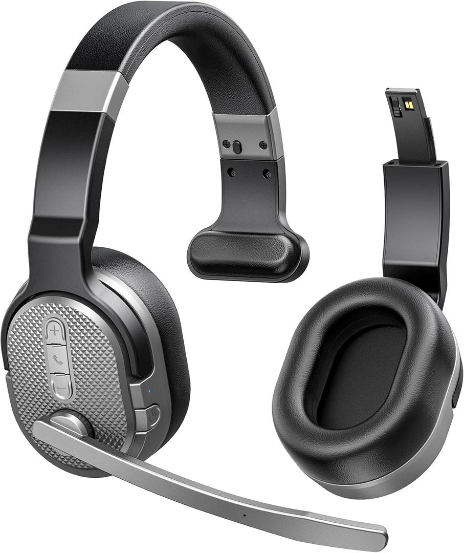 COSMUSIS Trucker Bluetooth Headset, Wireless Headsets with Noise Cancelling Microphone, 50+Hrs HD Talktime Bluetooth Headphones with Detachable Earpad/Single+Dual Mode for Office/Driving/Home (Silver)