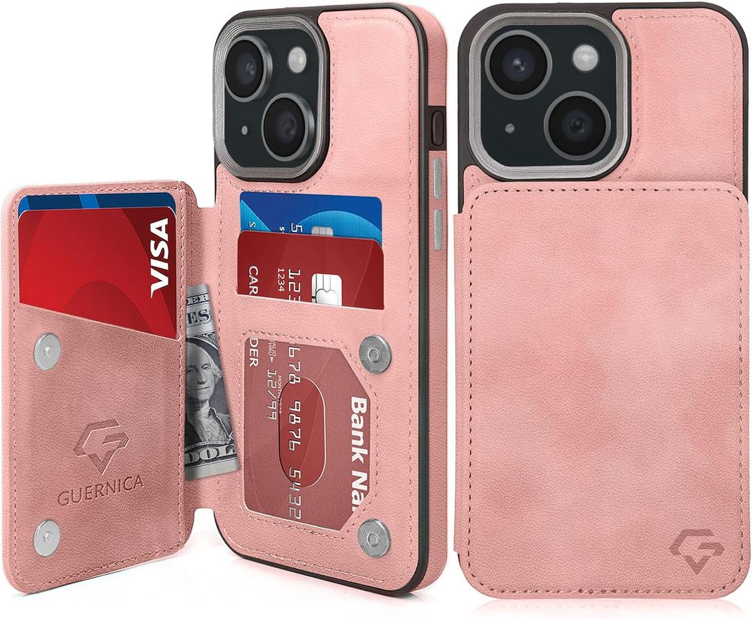 GUERNICA for iPhone 15 Wallet Case with RFID Blocking Card Holder for Women Men, Kickstand Shockproof Phone Case for iPhone 15 (6.1"), Pink