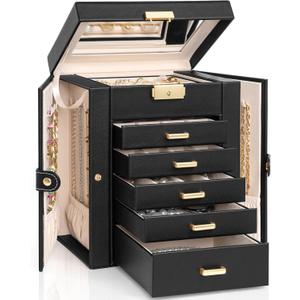 AKOZLIN 6-Tier Jewelry Box Lockable Leather Jewelry Storage Case with 5 Drawers for Women Girls Ring Necklace Earring Bracelet Holder Organizer with Mirror (Regular-6 Layer, Black-gold)