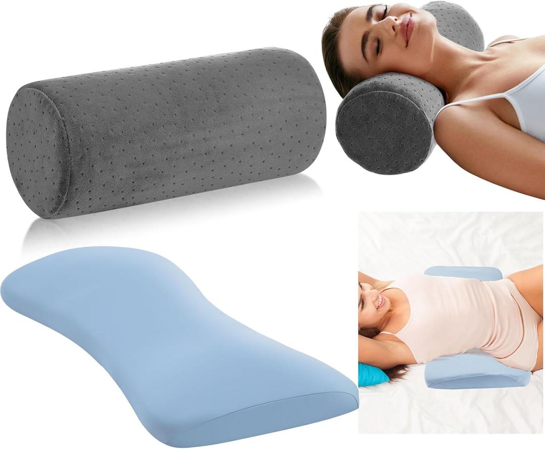 Ripeng 2 Pcs Round Cervical Roll Cylinder Bolster Neck Pillow and Memory Foam Lumbar Support Pillow for Bed Sleeping Lower Back Pain Support with Removable Washable Cover