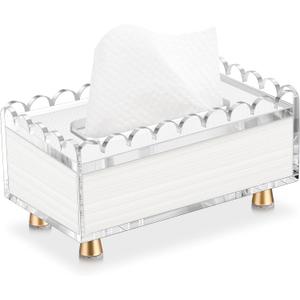 Clear Acrylic Scalloped Tissue Box Cover Holder with 8mm Thick Top Lid and Gold Plated Aluminum Legs Rectangle Napkin Dispenser Organizer for Bathroom Kitchen Bedroom Office Hotel