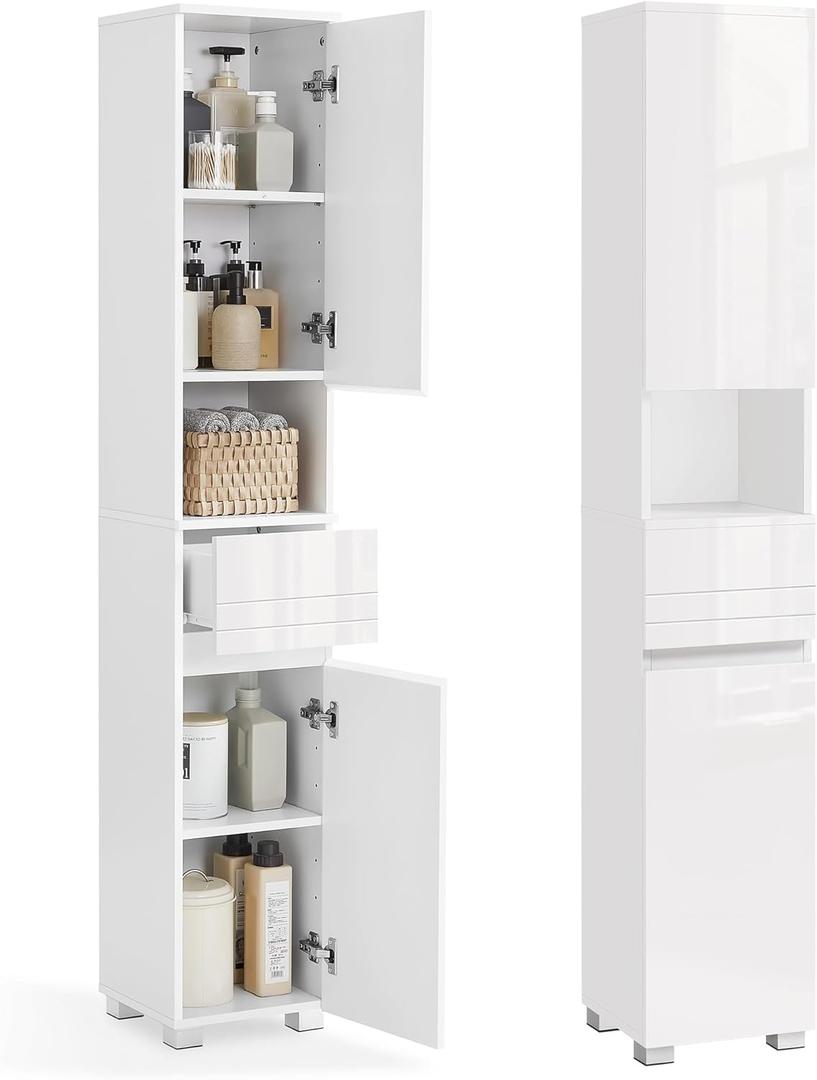 VASAGLE Tall Bathroom Cabinet, Slim Freestanding Bathroom Storage Cabinet with a Drawer, Adjustable Shelves, Open Compartment, for Small Spaces, White UBBC560P31 (11.8"D x 11.8"W x 66.9"H)