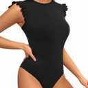 MANGOPOP Women's Body Suits Cute Crew Neck Ruffle Sleeveless Slim Fit Bodysuit Tank Tops Tight Casual Sexy (Black, XXL)