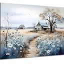 Framed Rustic Farmhouse Canvas Wall Art Beautiful Field Painting Wildflower Barn Print Nature Scenery Picture French Countryside Poster for Bathroom Bedroom Living Room Office Wall Decor 35x23 Inch