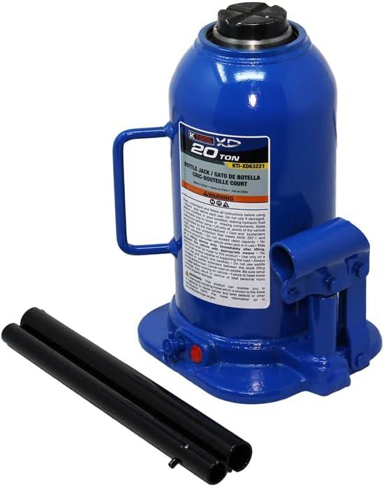K Tool International XD63221 20 Ton Hydraulic Bottle Jack for Garages, Repair Shops, and DIY, 44,000 lbs. Capacity, Lift Range 9.6"-16.65", Heavy Duty Steel, Load-limiting/Bypass Valves, Blue