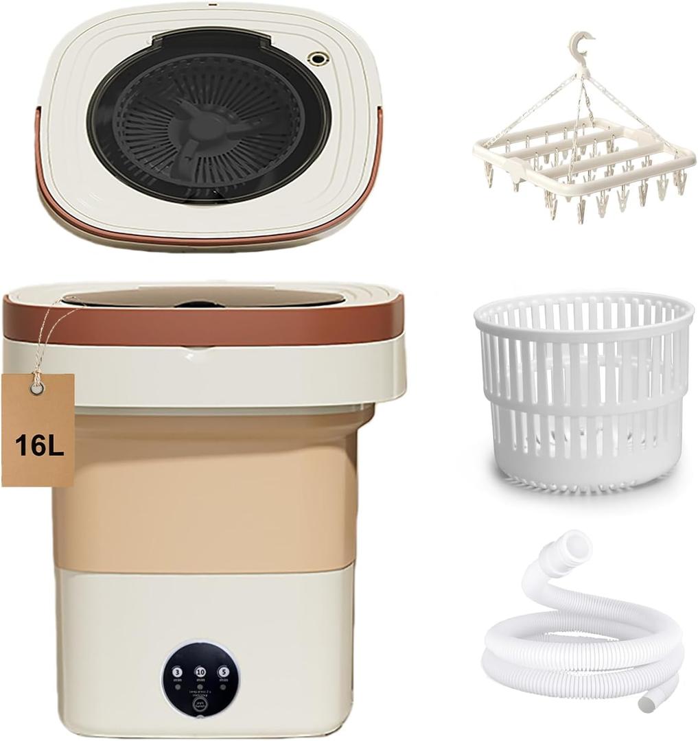 Portable Washing Machine 16L Foldable Mini Washer with Drying Rack,Spin Basket,Top Fill Port,Water Inlet Hose&Drainage PipeCompact Collapsible Laundry Set for Small Clothes,Apartments,Dorms,Travel&RV (Khaki)