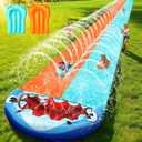 50FT Extra Long Slip Lawn Water Slide for Kids Adults, XXXL Giant Heavy Duty Outdoor Racing Slide Toy with Sprinkler N 2 Inflatable Bodyboards, Double Lane Backyard Summer Play Slip Toy with Crash Pad
