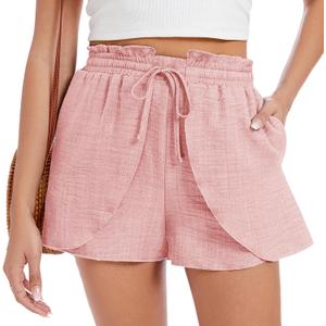 Womens Casual Shorts Elastic High Waisted Wide Leg Drawstring Summer Beach Shorts with PocketsPink,L (Pink, L)