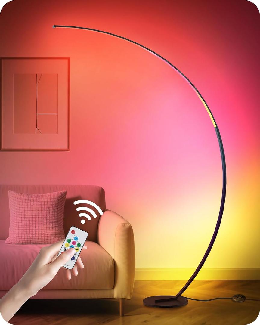 75" RGBW Corner Floor Lamp, Dimmable Arc Lamp with Remote & Foot Control