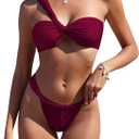 ZAFUL Women's One Shoulder Bikini Twisted Ruched High Cut Bandeau Bikini Set Two Piece Swimsuit (Medium, 1-plum Pie)
